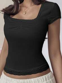 女士 T 恤 Y2K 性感年轻热修身年轻休闲蕾丝下摆短袖上衣 - 黑色 - 查看 3