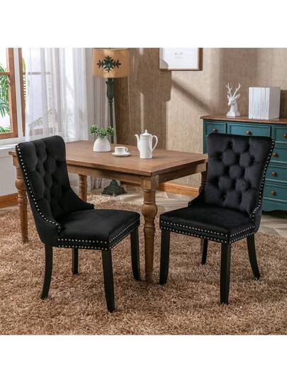 Moderne Dining Chairs, Premium Plush Solid Wood, Contemporary Fluwelen Upholstered Chairs Studded Head Set Of 2, Beige, Black, Grijs Available.