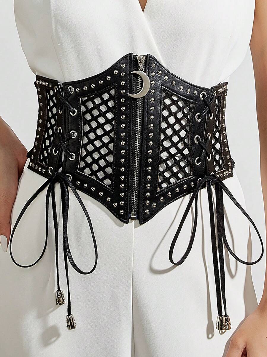 Débardeur de maintien en maille style corset rétro pour femmes, bustier crop top vintage polyvalent, gaine amincissante à taille élastique pour un port quotidien - Noir - Voir 1