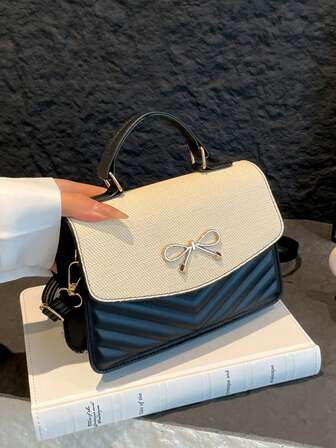 Solid Color Pu Leather Stitching With Bowknot Design Flap Shoulder Crossbody Square Bag, Suitable For Women's Daily Commute, Shopping, Travel, Gathering, Girls Night Out, Festivals, Birthday Gifts And Parties.