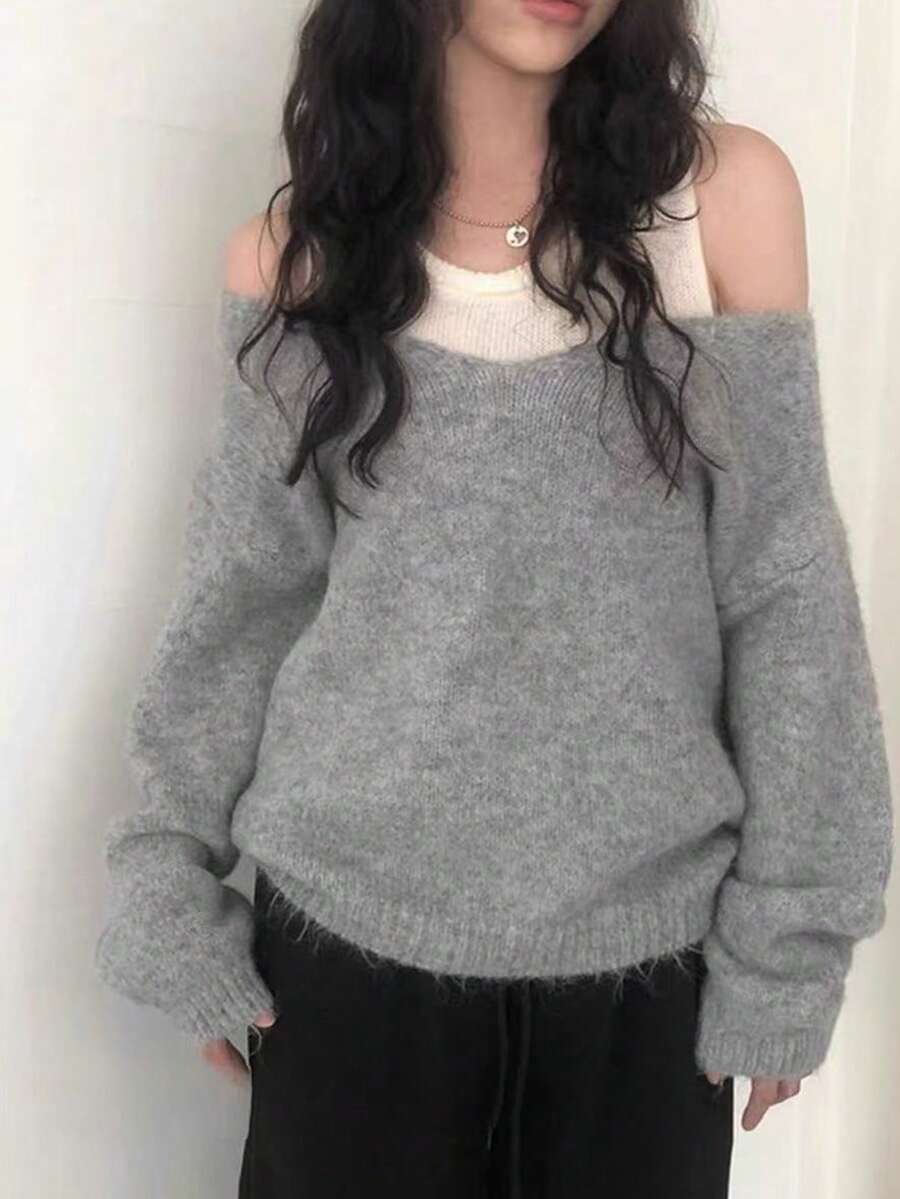 2pcs/Set Korean Chic Autumn Minimalist Layered Knit Vest + Soft Loose Long Sleeve Sweater - Grey - View 1