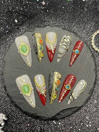 10pcs/Set Handmade High-Heeled Style Y2K Baddie Style Press-On Nails, Beige, Gold, White Nail Tips With French Edge, Asymmetrical Liquid Metal Pattern, Cross, Gems, Lace,Beads, Iridescent Bubbles, Star Design, Suitable For Party, Wedding, Daily Wear, Includes Tool Kit, Great Gift For Women And Girls