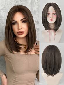 7JHH WIGS Peluca de cabello sintético resistente al calor de longitud de hombros con flequillo de cortina y raya al medio, color marrón, para uso diario y de fiesta, de 16 pulgadas - Marrón - Ver 3