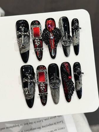 10pcs Gothic Cross Dark Retro Cool Handmade Acrylic Press-On Nails, Black Devil Wings With Red Embellishment, Long Stiletto Pointed Fake Nails, French Nail Tips, DIY Nail Art Supplies, Reusable, With Jelly Glue And Nail File, Rock Punk Party Music Festival