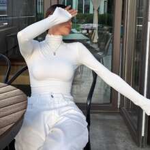 Livesso New Autumn Ladies Solid Color Ruffle Trim Turtleneck Long Sleeve Slim Fit T-Shirt - White - View 7