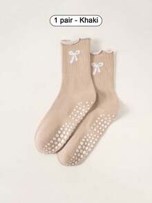 1/2 Pair Pilates Socks, Professional Non-Slip Yoga Socks With Embroidered Bow, Dot Patterned Anti-Slip Socks For Women, Suitable For Home, Leisure, Aerobic Exercise, Soft Ribbed Knit Fabric, Wavy Hem + 3D Bow Embroidery - Multicolor - View 13