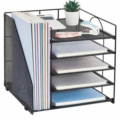 5-Tier Metal Paper Letter Tray Organizer with File Holders & Mesh Baskets | Powder-Coated Black Desktop Organizer for Office Supplies, Home & Workspace Organization, Office Organizers And Accessories