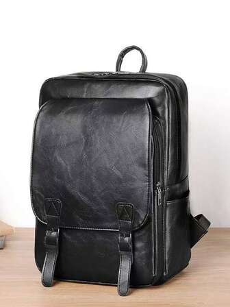 Men's Solid Color Retro PU Leather Backpack, Commuter Buckle Backpack, Laptop Backpack Office Bag