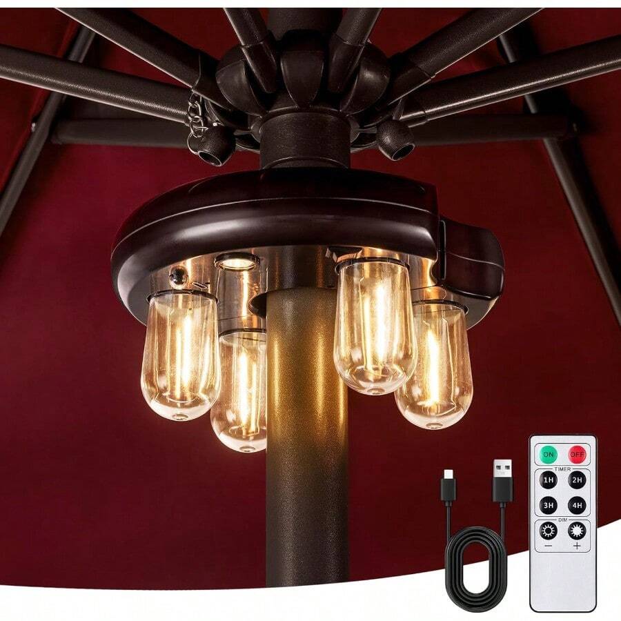 Paraguas de patio con control remoto bombillas LED Edison inalambricas recargables con 10 niveles de brillo para jardin patio patio trasero camping o barbacoa color cafe paquete de 1 - Marrn - Ver 1