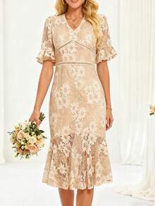 Women's Lace Wedding Bridesmaid Dress, Medium To Long Party Dress, Mushroom Edge Design, School Holiday Celebration Dress, Valentine's Day - Apricot - View 4