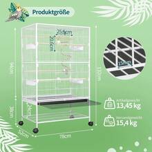 Large Metal Bird Cage With 4 Wheels, Budgie Cage With Feeding Bowl, Cage Toy, Jumping Swing For Bird With 2 Doors, 4 Wooden Poles, 132 X 78 X 52 Cm - 白色 - 查看 3