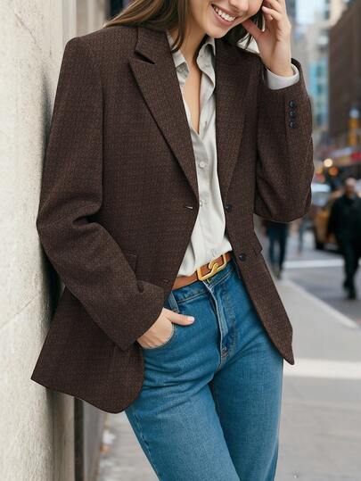 HOMEYEE Long Sleeve Jacquard Fabric Blazer With Contrast Cuffs, Vintage Casual Elegant Business Office OL Top Spring