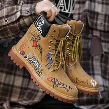 Street Graffiti Men's Retro High-Top Skate Shoes - Ultra-Comfortable Cushioning, Non-Slip, Casual Lace-Up Canvas Sports Shoes, Suitable For Active Men, Perfect For Outdoor Adventures And Leisure Activities - 黃色 - 查看 1