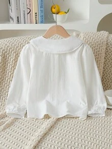Áo sơ mi trắng dài tay cổ thêu hình gấu cho bé gái, mùa xuân - trắng - Xem 3