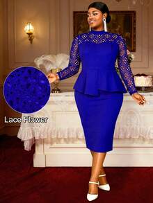 Plus Size Women's Royal Blue Midi Dress With Contrast Lace Long Sleeves And Ruffle Hem Stand Collar Style - 藍色 - 查看 1