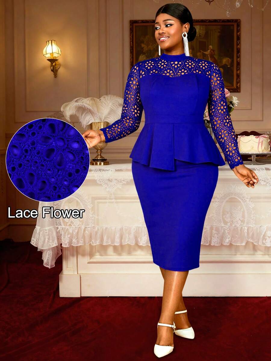 Plus Size Women's Royal Blue Midi Dress With Contrast Lace Long Sleeves And Ruffle Hem Stand Collar Style - 藍色 - 查看 1