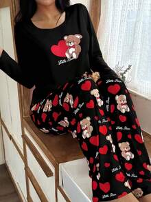 2pcs Elegant & Comfortable Casual Milk Silk Women Crew Neck Long Sleeve Top & Pants Set With Heart & Bear Letter Pattern, Spring - Black - View 1