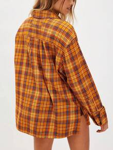 Women Oversized Plaid Shirt Vintage Button Up Loose Fit Tops Spring Fall Lapel Collared Long Sleeve Blouse Casual Y2k Shirt Streetwear - 黃色 - 查看 2