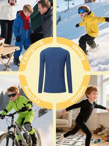 1 Set Kids Navy Blue Round Neck Thermal Underwear, New Autumn/Winter Ski Sports Style