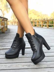 新款时尚欧美风防水厚底细跟踝靴，超高跟圆头系带修身靴，秋/春季款 - 黑色 - 查看 4