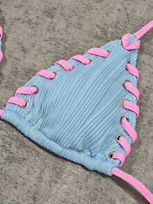 بيكيني نسائي صيفي ملابس علوية مثلثة هالتر (تفاصيل ربط) + سراويل مطاطية عالية المطاطية، طقم ملابس سباحة أنيق وجذاب للشاطئ - أزرق فاتح اللون - مشاهدة 3