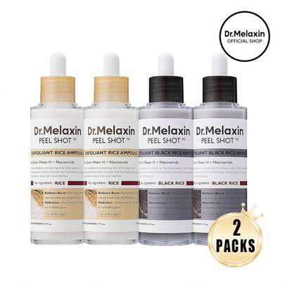Set Of 2 Dr.Melaxin Peel Shot Glow - Black And White Rice Ampoules, Gentle Exfoliator For Face And Body, Dead Skin Cells, Blackhead Remover For All Skin Types
