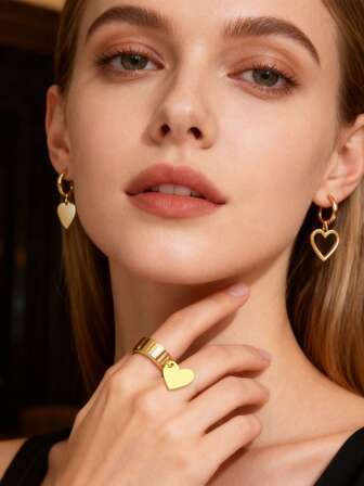 1 Set de Colgante, Aretes, Anillo, Collar con Baño de Cobre con Forma de Corazón de Acero Inoxidable, Adecuado para Uso Diario, Fiesta, Día de San Valentín, Uso Casual, Regalo para Amigos, Familia, Parejas, Joyería de Moda para Mujeres