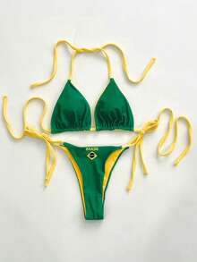 Swim Mod Women's 2 Pieces Bikini Set, Brazilian Flag Print, Reversible, Halter Tie Design, Perfect For New Year And Christmas - Beach Vacation - Multicolor - View 6