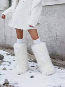 Women's Snow Boots Women's Furry Fur Boots Mid Calf Boots Fuzzy Fluffy Slip On Suede Warm Fur Lined Booties Christmas Halloween Fashion Comfortable Outfit Boots - 米色 - 查看 3