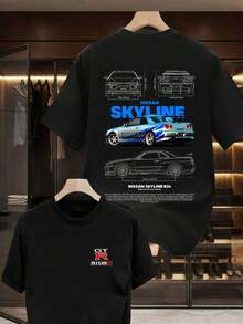 Men's-Shirt, GTR Racing Car, Graphic Tee,Skyline Car Blueprint, Percent Cotton, Soft And Comfortable, Autumn Top, Basic Style Unisex, Holiday, Men's-Shirt, Locally Produced And Shipped O9QG - 黑色 - 查看 4