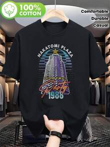 Camiseta gráfica de la película Nakatomi Plaza Party 1988 Die Hard para hombres - Camiseta retro de Navidad de los 80 con Nakatomi Plaza y texto de Die Hard 1988, ropa festiva, ajuste cómodo, ropa casual duradera, perfecta para atuendo casual o regalo único, camiseta de Navidad - Negro - Ver 1