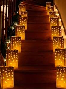 10个/2包，耐用可重复使用的星空灯笼袋，20个白色发光灯笼袋，带有星星和月亮图案。采用耐用、可重复使用且阻燃的材料制成。非常适合节日楼梯照明装饰，包括感恩节、新年、情人节、婚礼、订婚和求婚。