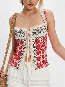 .Women Floral Button Down Crop Tank Top Y2k Ruffle Sleeve Halter Tops Sleeveless Straps Front Tie Outfits - 紅色 - 查看 1