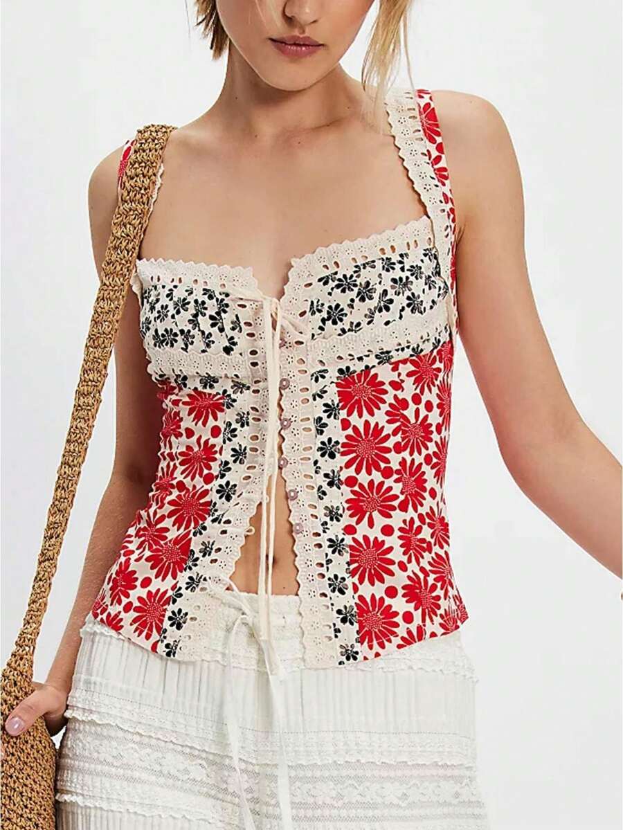 .Women Floral Button Down Crop Tank Top Y2k Ruffle Sleeve Halter Tops Sleeveless Straps Front Tie Outfits - 紅色 - 查看 1