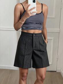 Livesso Shorts Casuais Soltos Femininos, Mistura de Lã, Casual Empresarial, Outono/Inverno - Cinza - Visão 1