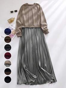 大码休闲纯色长袖针织拼布褶皱长裙，优雅女士连衣裙，春秋季