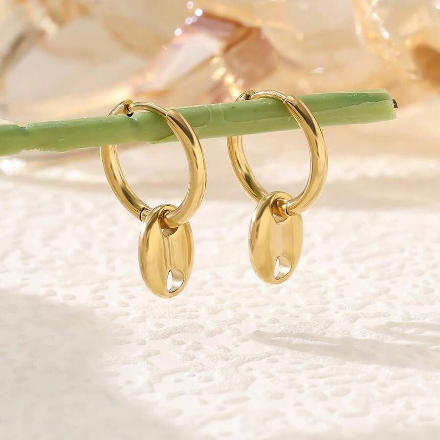 1对时尚优雅的法式金色不锈钢椭圆形双孔耳环，高端耳饰，适合女性佩戴。 - 橢圓形耳環 - 查看 1