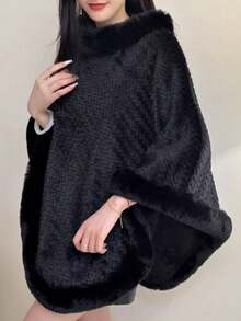 1pc Knitted Textured Women Hooded Poncho Shawl, Soft Faux Rabbit Fur Collar, Loose Fit Autumn/Winter Outerwear Cape For Dress - 灰色 - 查看 6