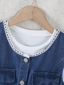 3pcs/Set Tween GirlsOutdoor Casual Outfit - White Long Sleeve Round Neck T-Shirt, Simple Button Denim Vest Jacket, And Wide Leg Long Jeans - Dark Wash - View 3