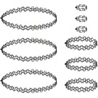 Colección surtida de joyas de tatuaje elásticas - Collar, pulsera y anillo tipo choker de tatuaje - Accesorios de joyas con efecto de tatuaje elástico