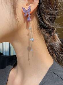 1 Pair Cute Butterfly Earrings, Celebrity Style, Long Pearl Tassel Crystal Earrings Jewelry - Purple - View 3