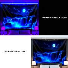 1pc Moon Waterfall Blue - Glowing Under UV Black Light Tapestry Oversized Fluorescence Tapestry Polyester, Room, Dorm, Living Room, Home Furnishings, Party Decorations, Free Installation Package, No Electricity Needed - Blue - View 9