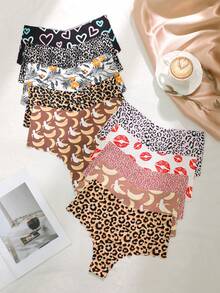 10pcs/Pack Women's High Waist Thong Panties, Random Prints