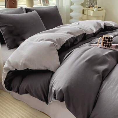 3-teiliges Bettwäsche-Set in Dunkelgrau & Hellgrau - 1 Bettbezug & 2 Kissenbezüge, weiche & bequeme Textilien, in mehreren Farben erhältlich, geeignet für Studentenwohnheime, einfache & modische Heimdekoration, weiche & gemütliche Bettwäsche, modisches Set, maschinenwaschbar, ohne Füllung