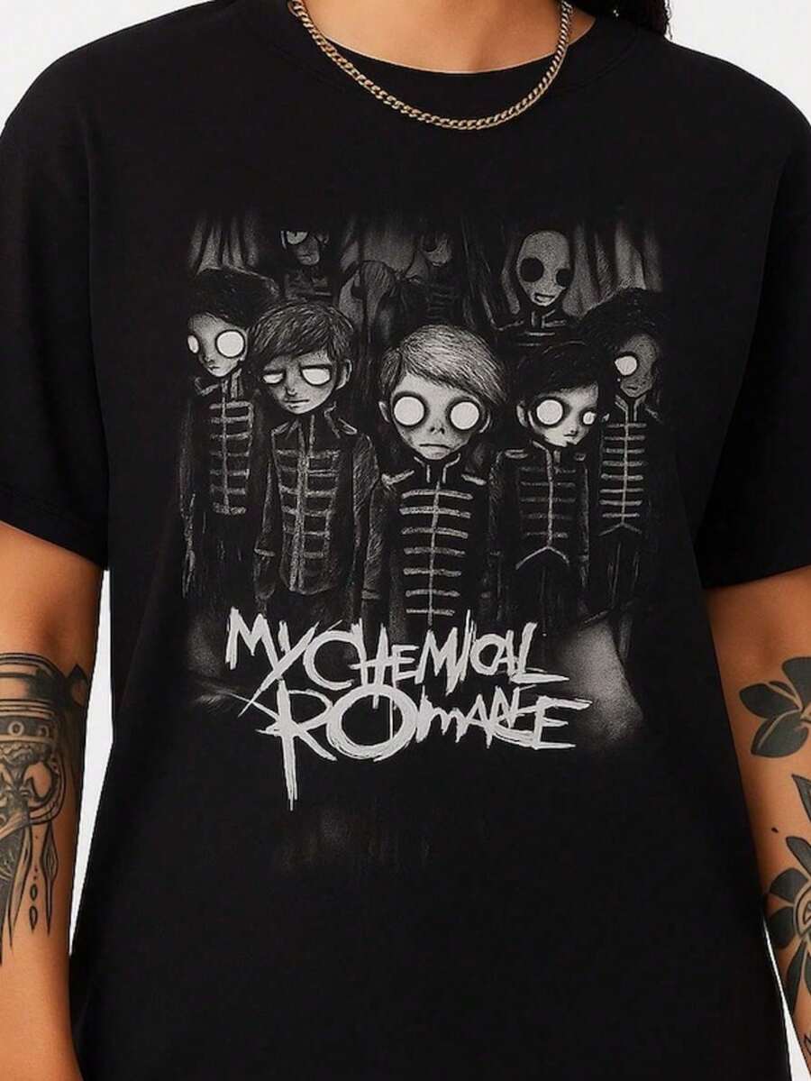 Band-Themed Dark Style Printed T-Shirt - Black - View 1