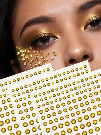 1650pcs (10 Sheets) Gold-Tone Multi-Size 3D Imitation Gem Face & Eye Stickers For DIY Music Festival Y2K Makeup Party Decorations, Gold Round & Teardrop Glitter Stickers, Multi-Size Faces, Hair, Body, Clothes, Shoes And DIY Crafts