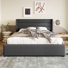 Storage Bed With Hydraulic Double Mattress 160x200cm, Wooden Board, Metal Frame Bed, Linen, Beige And Grey. - Grey - View 2