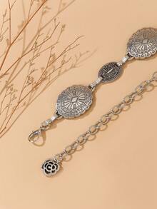 Women's Vintage Bohemian Style Silver Metal Embossed Floral Pattern Decorative Waist Chain, Fashionable Versatile Accessory To Pair With Dresses - Silver - View 3