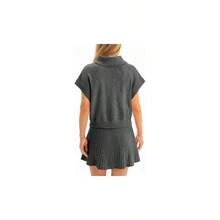- Conjunto de falda de 2 piezas para mujer, conjunto de suter 2025 con cuello alto, manga casquillo y minifalda plisada, trajes de viaje - Gris oscuro + M - Ver 5