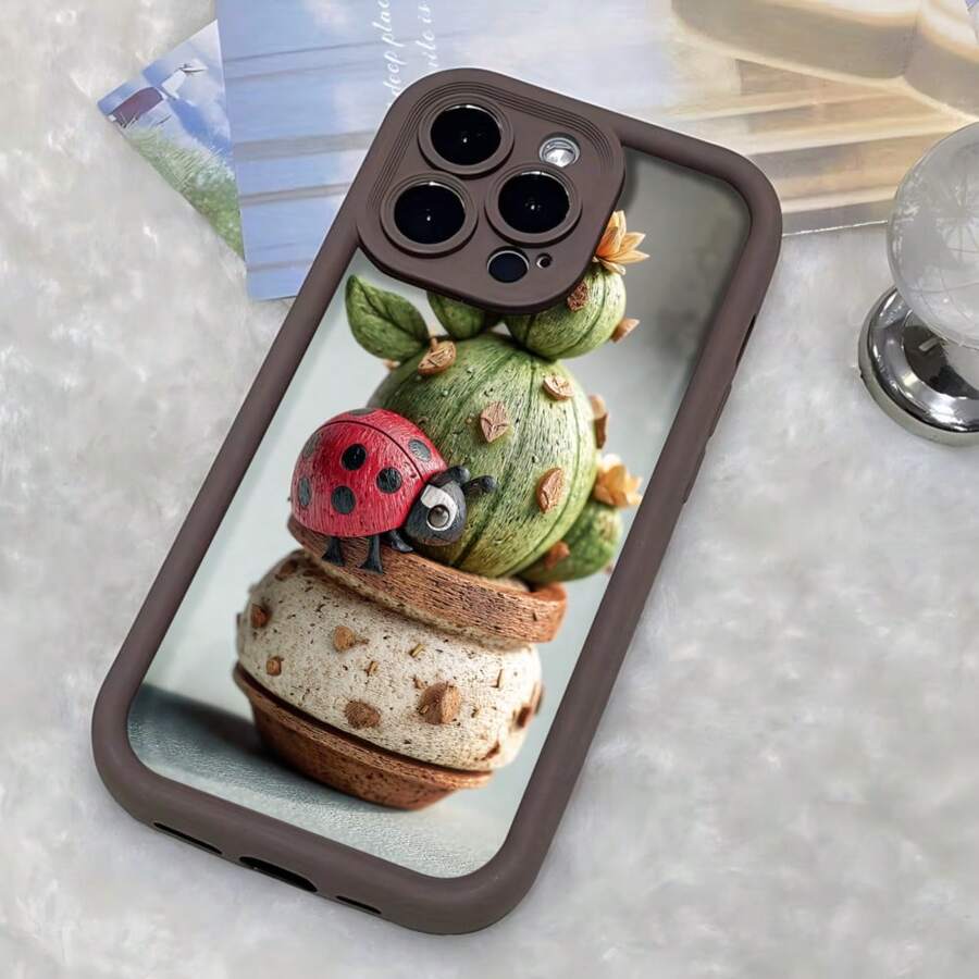 Phone Case With Black Border For IPhone 13 Pro Max With Cactus And Red Ladybug Design In Decorative Pot, Ideal For Daily Use And Device Protection - Coffee Brown - View 1